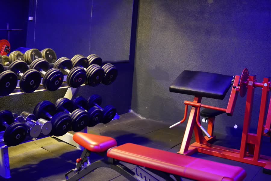 Rack d'haltères, banc et machine rouge dans une salle éclairée en bleu