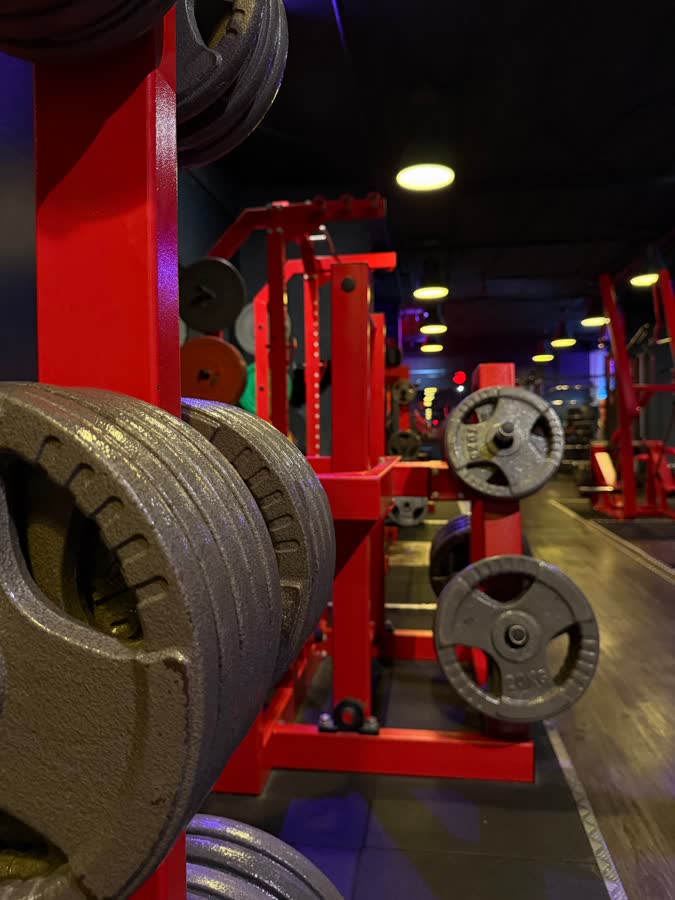 Disques de fonte rangés sur des supports rouges, poids libres au fond de la salle